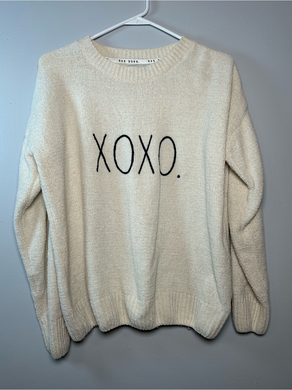 Rae Dunn Chunky Soft Knit Sweater with Black 'XOXO' Script Cozy Preppy See pic